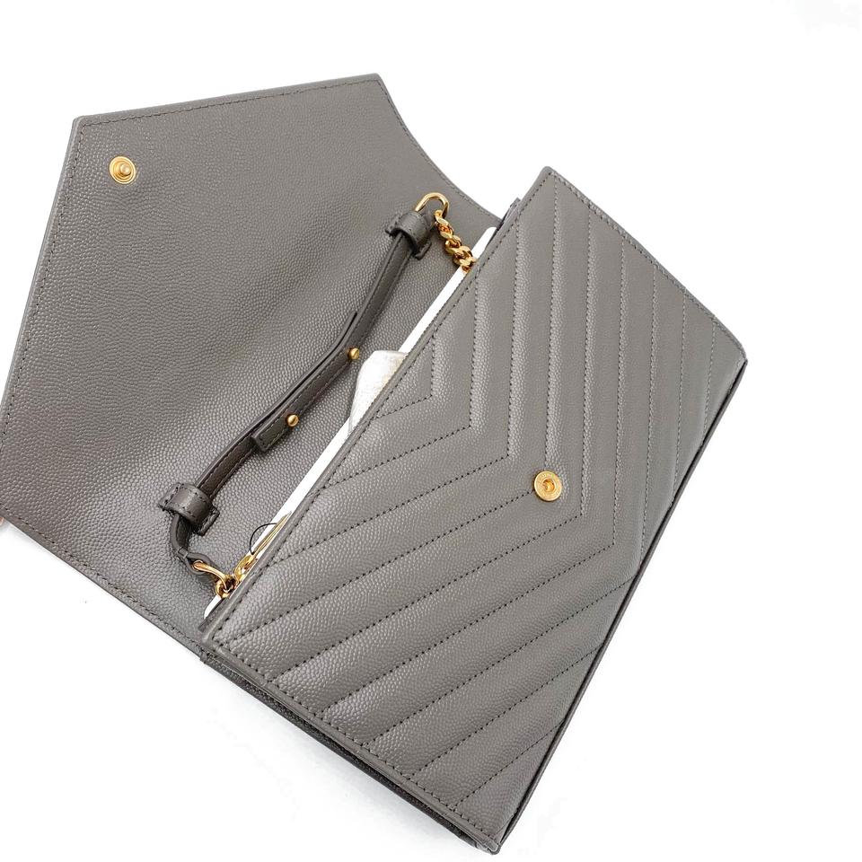 Saint Laurent Monogram Matelasse Chevron Large Wallet Chain Oyster Grey Leather Shoulder Bag