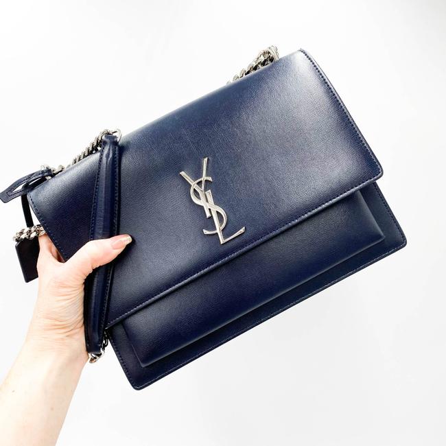 Saint Laurent Monogram Sunset Calfskin Large Blue Leather Shoulder Bag