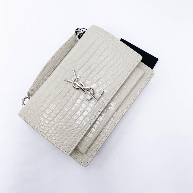 Saint Laurent Monogram Sunset Calfskin Crocodile Embossed Woc Blanc Vintage White Leather Shoulder Bag