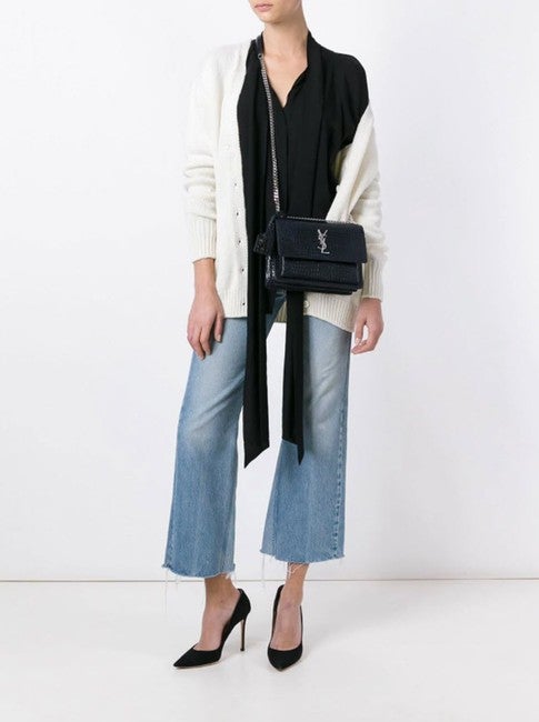 Saint Laurent Monogram Sunset Medium Croc Embossed Black Leather Shoulder Bag
