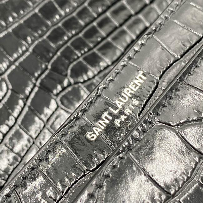 Saint Laurent Monogram Sunset Medium Croc Embossed Black Leather Shoulder Bag