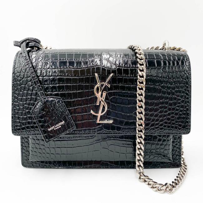 Saint Laurent Monogram Sunset Medium Croc Embossed Black Leather Shoulder Bag