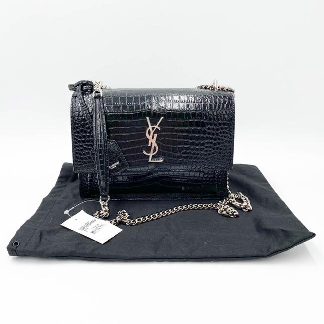 Saint Laurent Monogram Sunset Medium Croc Embossed Black Leather Shoulder Bag