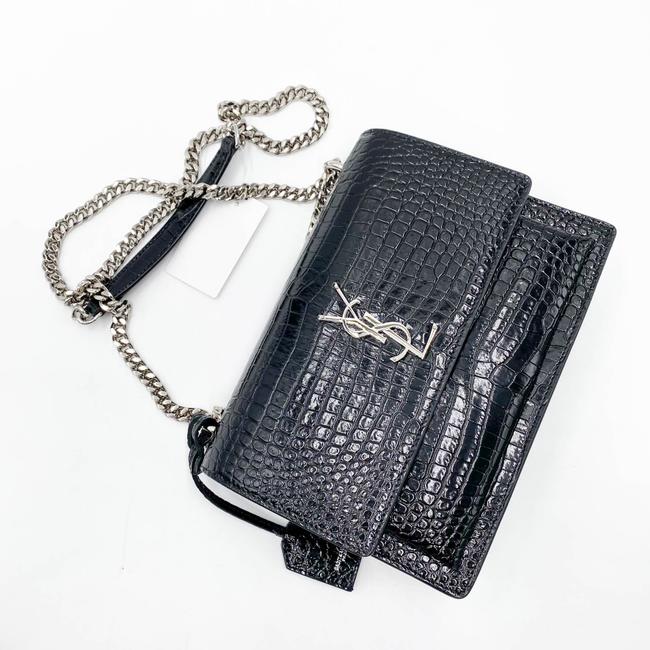 Saint Laurent Monogram Sunset Medium Croc Embossed Black Leather Shoulder Bag