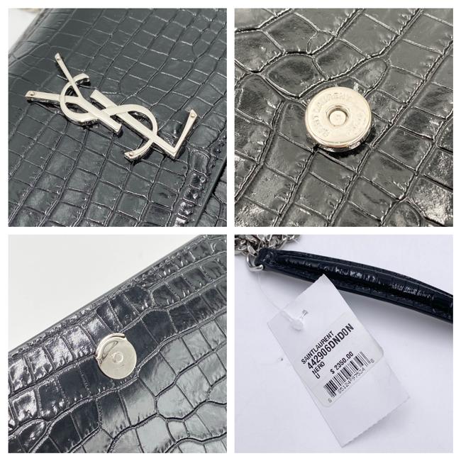 Saint Laurent Monogram Sunset Medium Croc Embossed Black Leather Shoulder Bag
