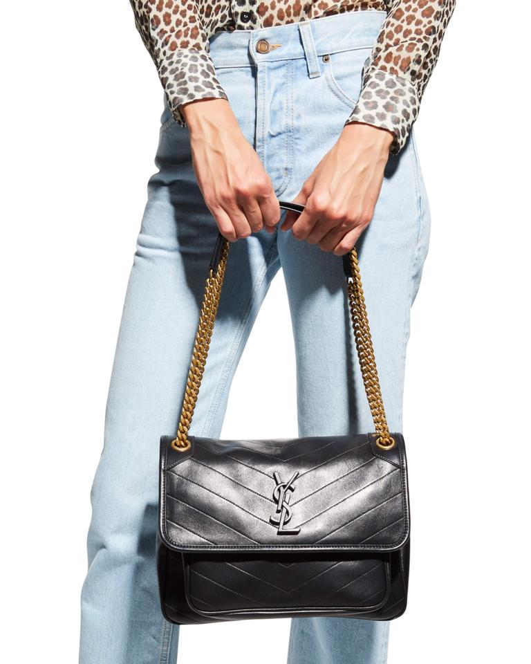 Saint Laurent Niki Medium Ysl Monogram Quilted Calf Flap Black Leather Shoulder Bag