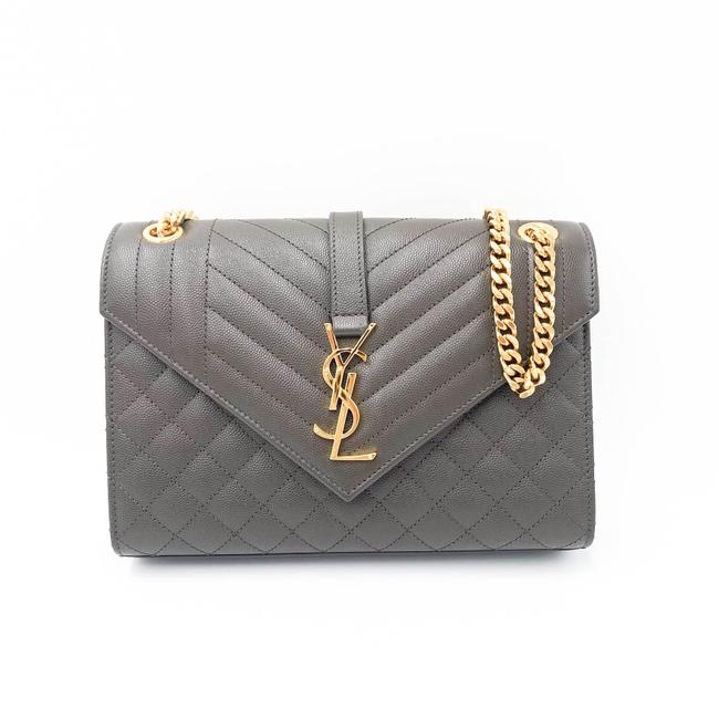 Saint Laurent Pebble Medium Envelope Monogram Matelasse Grey Leather Shoulder Bag
