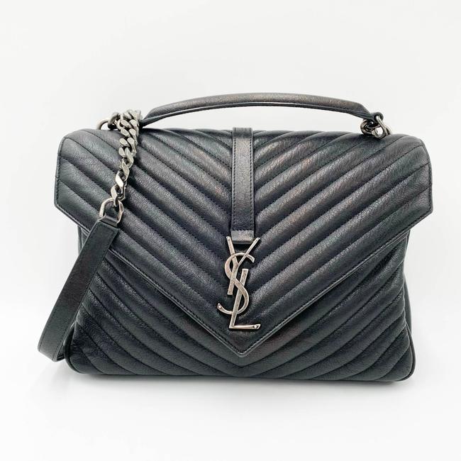 Saint Laurent Sheepskin Matelasse Chevron Monogram Large College Satchel Black Leather Shoulder Bag