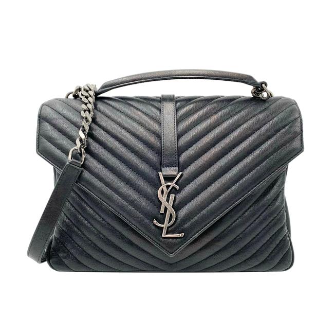 Saint Laurent Sheepskin Matelasse Chevron Monogram Large College Satchel Black Leather Shoulder Bag