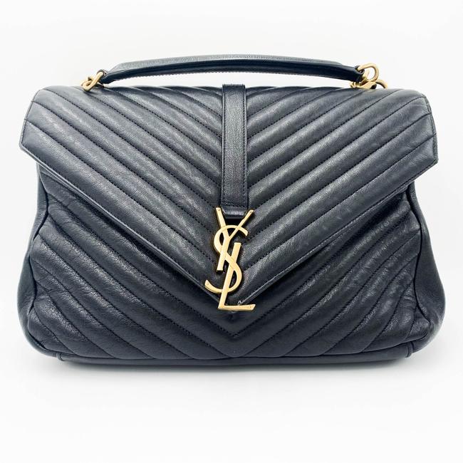 Saint Laurent Sheepskin Matelasse Chevron Monogram Large College Satchel Black Leather Shoulder Bag