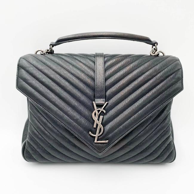 Saint Laurent Sheepskin Matelasse Chevron Monogram Large College Satchel Black Leather Shoulder Bag