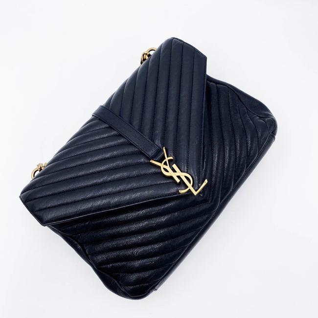 Saint Laurent Sheepskin Matelasse Chevron Monogram Large College Satchel Black Leather Shoulder Bag