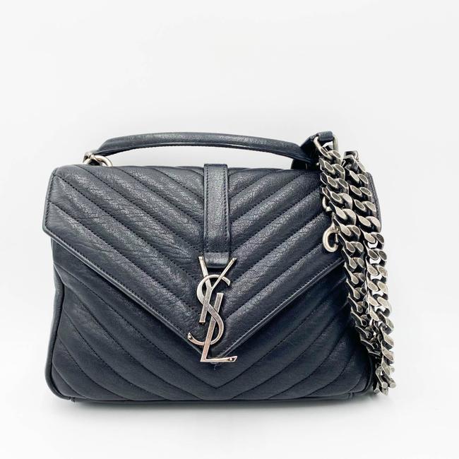 Saint Laurent Sheepskin Matelasse Chevron Monogram Medium College Black Leather Shoulder Bag
