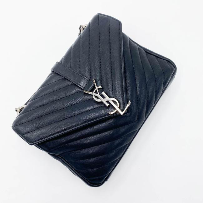 Saint Laurent Sheepskin Matelasse Chevron Monogram Medium College Black Leather Shoulder Bag