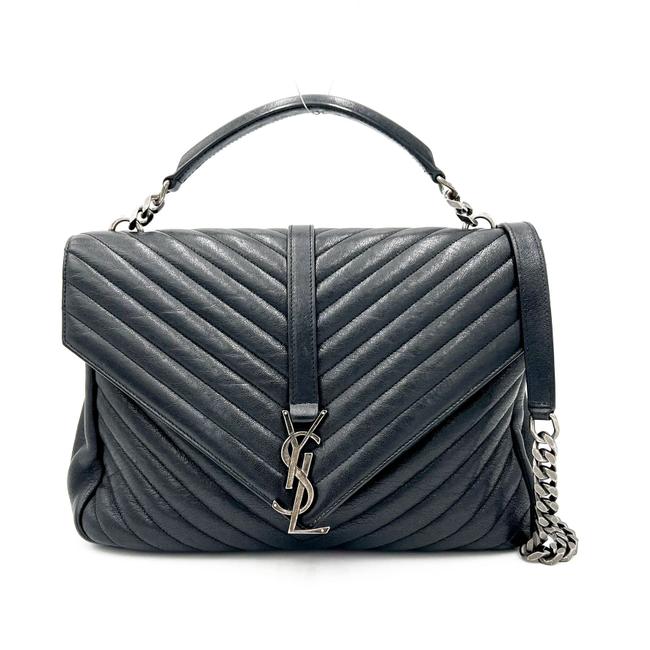 Saint Laurent Shw Matelasse Chevron Monogram Large College Satchel Black Sheepskin Leather Shoulder Bag