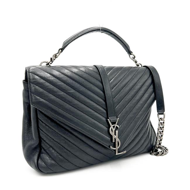 Saint Laurent Shw Matelasse Chevron Monogram Large College Satchel Black Sheepskin Leather Shoulder Bag