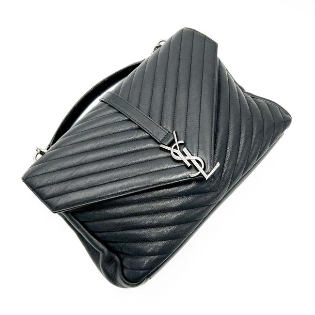 Saint Laurent Shw Matelasse Chevron Monogram Large College Satchel Black Sheepskin Leather Shoulder Bag
