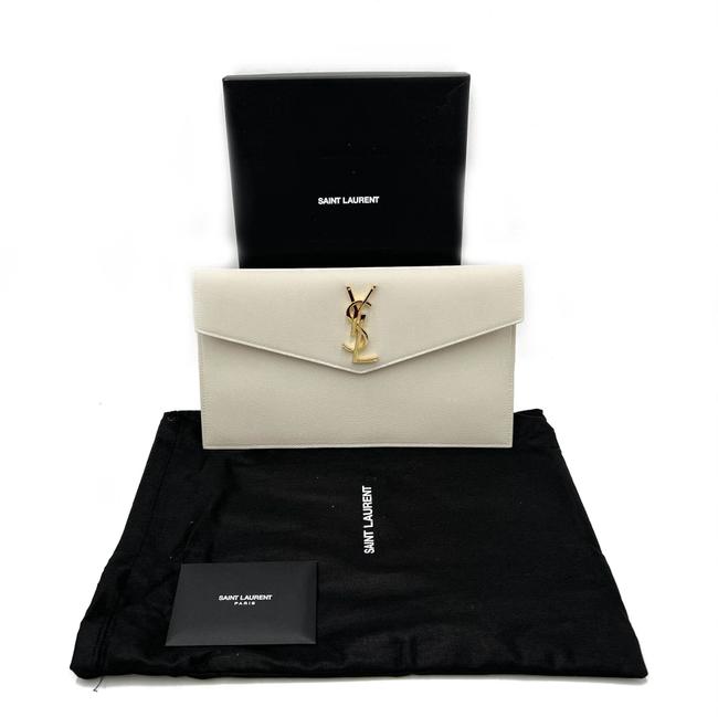 Saint Laurent Uptown Off-white Textured Leather White Canvas Clutch