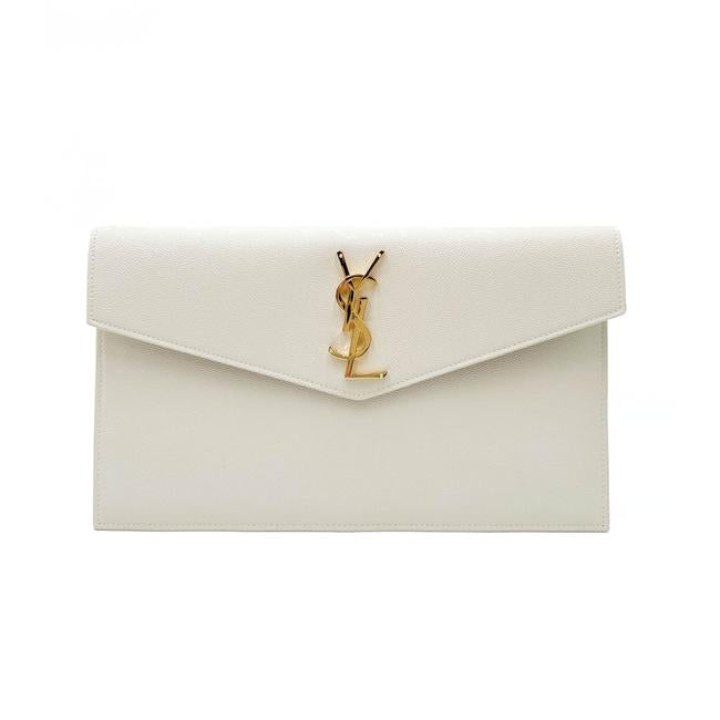 Saint Laurent Uptown Off-white Textured Leather White Canvas Clutch