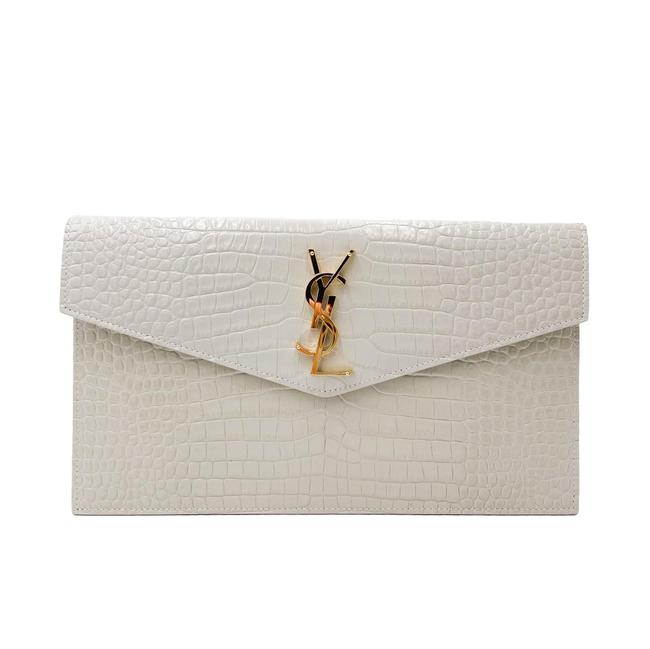 Saint Laurent Uptown Crocodile-embossed Pouch Monogram White Leather Clutch