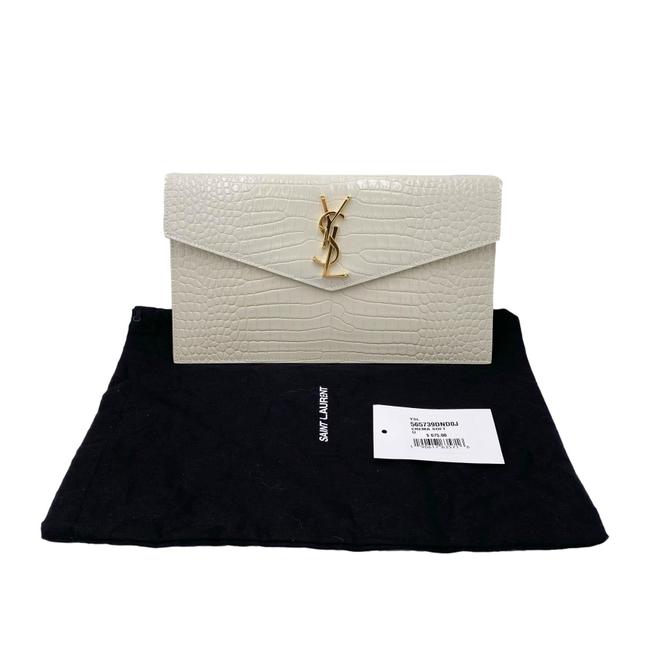 Saint Laurent Uptown Crocodile-embossed Pouch Monogram White Leather Clutch