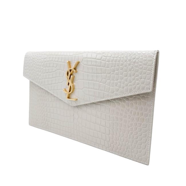 Saint Laurent Uptown Crocodile-embossed Pouch Monogram White Leather Clutch