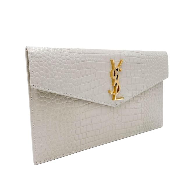 Saint Laurent Uptown Crocodile-embossed Pouch Monogram White Leather Clutch
