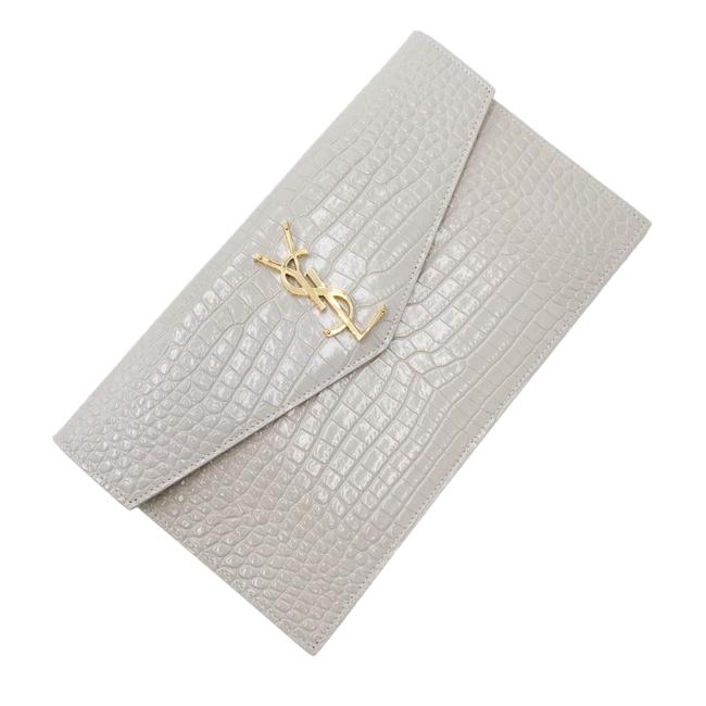 Saint Laurent Uptown Crocodile-embossed Pouch Monogram White Leather Clutch