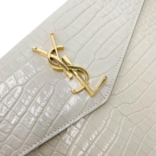 Saint Laurent Uptown Crocodile-embossed Pouch Monogram White Leather Clutch