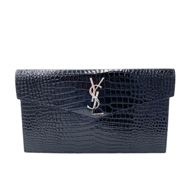 Saint Laurent Uptown Embossed Monogram Black Crocodile Skin Leather Clutch