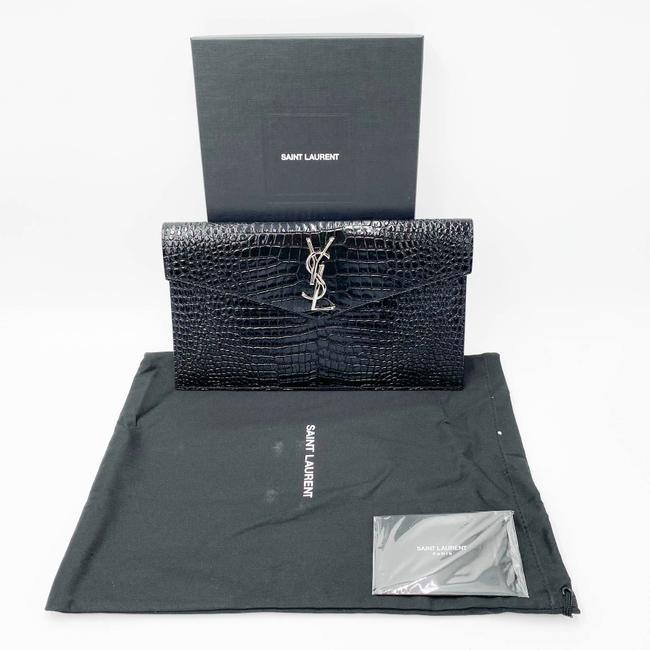 Saint Laurent Uptown Embossed Monogram Black Crocodile Skin Leather Clutch