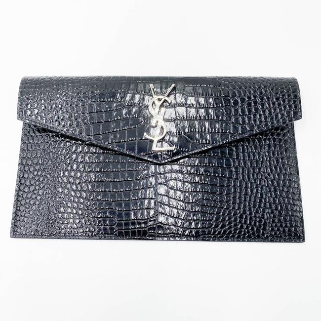 Saint Laurent Uptown Embossed Monogram Black Crocodile Skin Leather Clutch