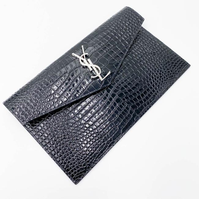 Saint Laurent Uptown Embossed Monogram Black Crocodile Skin Leather Clutch