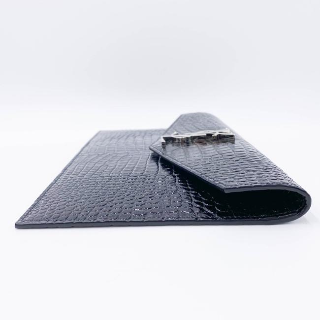 Saint Laurent Uptown Embossed Monogram Black Crocodile Skin Leather Clutch