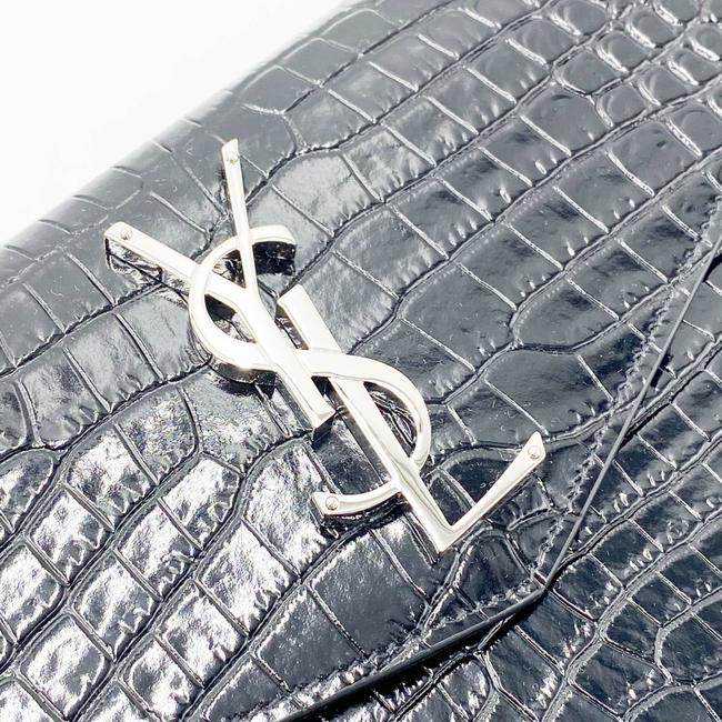 Saint Laurent Uptown Embossed Monogram Black Crocodile Skin Leather Clutch