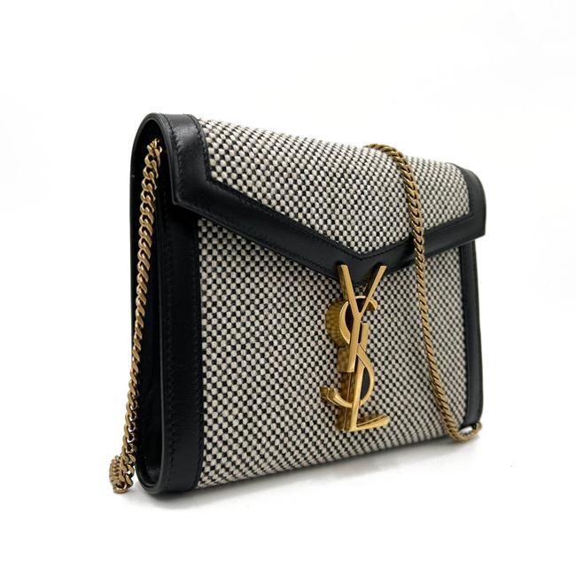 Saint Laurent Wallet on Chain Cassandre Ysl Checkered Black Tweed Cross Body Bag