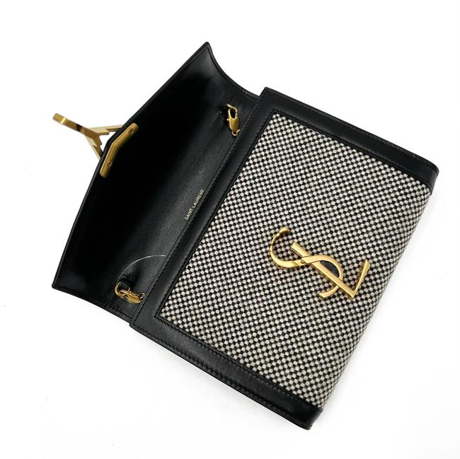 Saint Laurent Wallet on Chain Cassandre Ysl Checkered Black Tweed Cross Body Bag